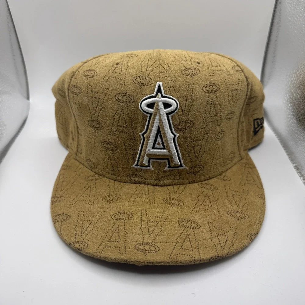 New Era 59FIFTY Los Angeles Angels Hat Tan Monogram Faux‎ Suede Fitted 7 5/8
